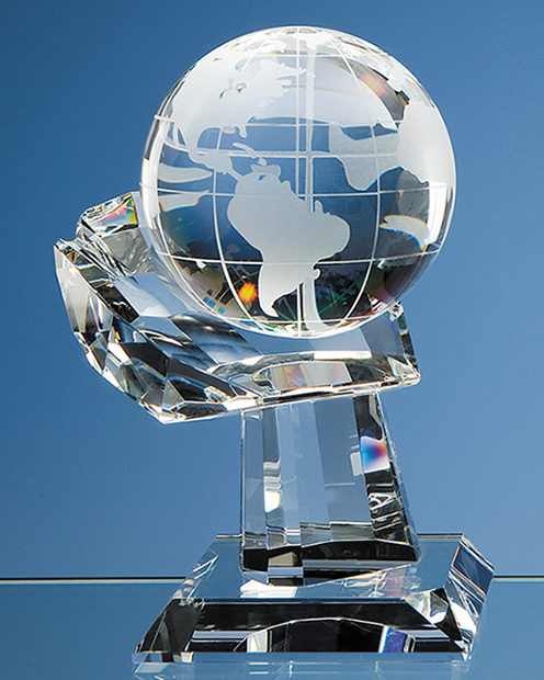 Large image for 10cm Optical Crystal Globe on Mounted Hand Award